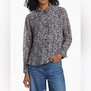 GANNI Floral Georgette Pleated Shirt Size 36 Chiffon Black Brown Lightweight